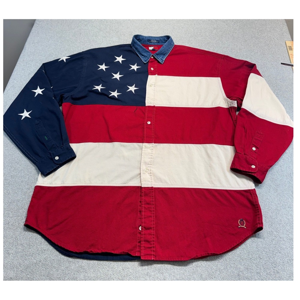 Vintage 90s Tommy Jeans Mens XL American Flag Shirt Stars Stripes Hilfiger Retro